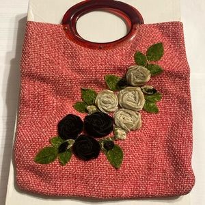 Vintage Pink Nova Tweed Bag w/ black & neutral flowers Bakelite handles